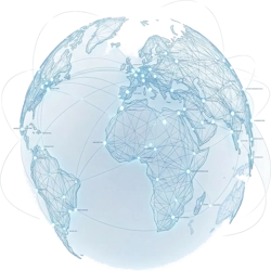 כדור הארץ בצבעים כחול וכחול בהיר עם קוים שמחברים בין מקומות בעולם, כמו רשת האינטרנט